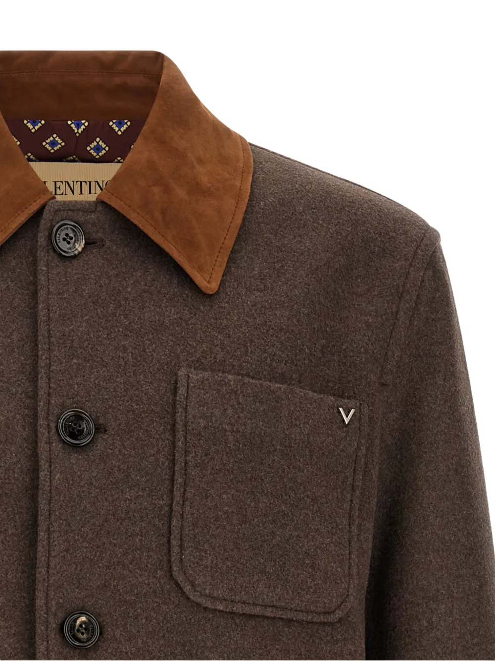 Valentino Garavani double wool caban with suede collar and metallic V detail Bruin
