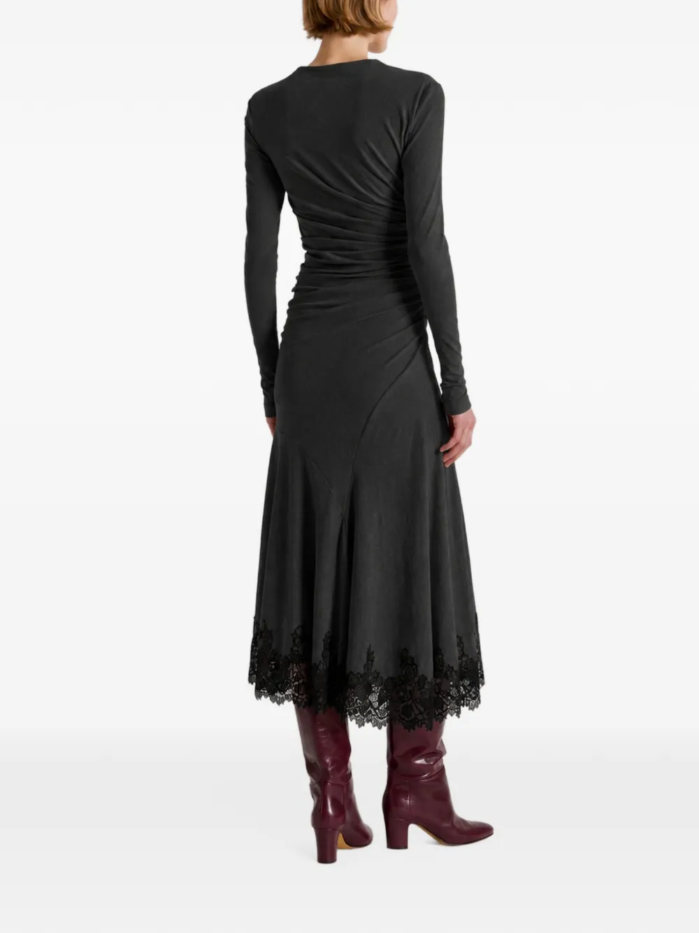 Alberta Ferretti lace-trim ruched midi dress Grijs