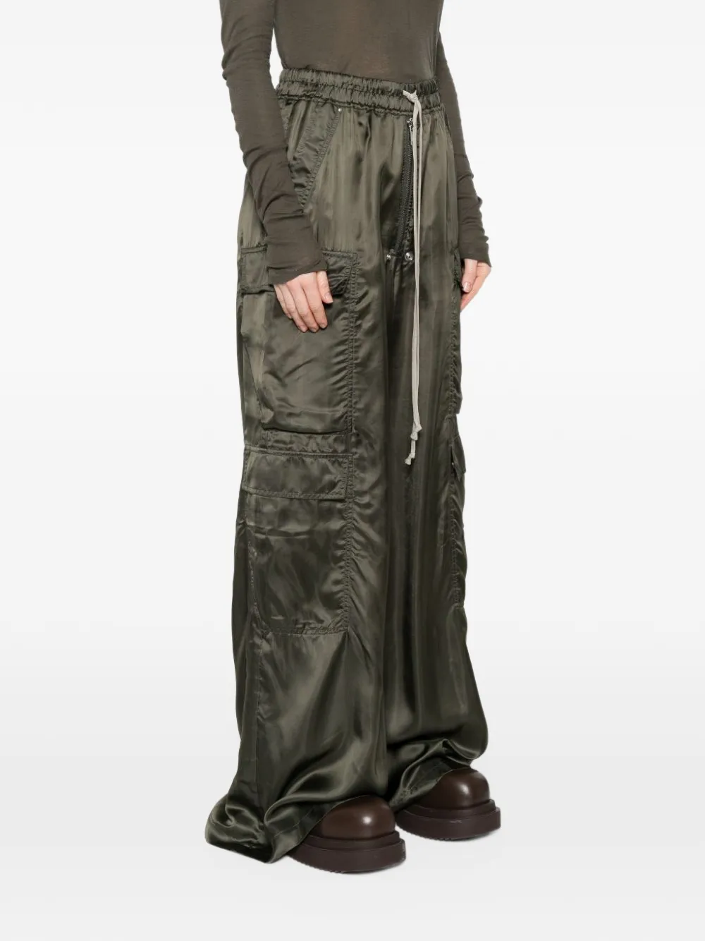Rick Owens satin-finish drawstring cargo pants Groen