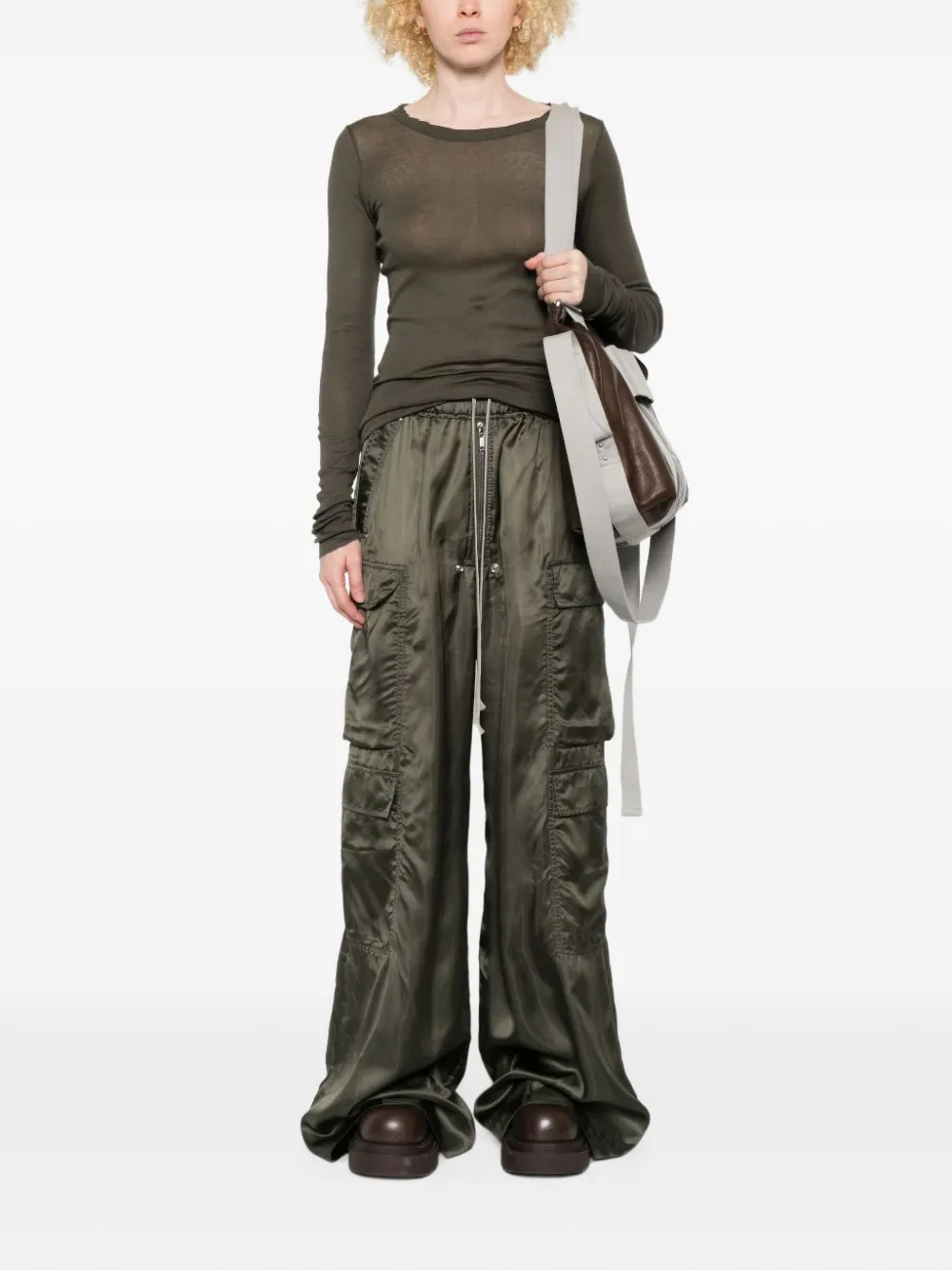 Rick Owens satin-finish drawstring cargo pants Groen