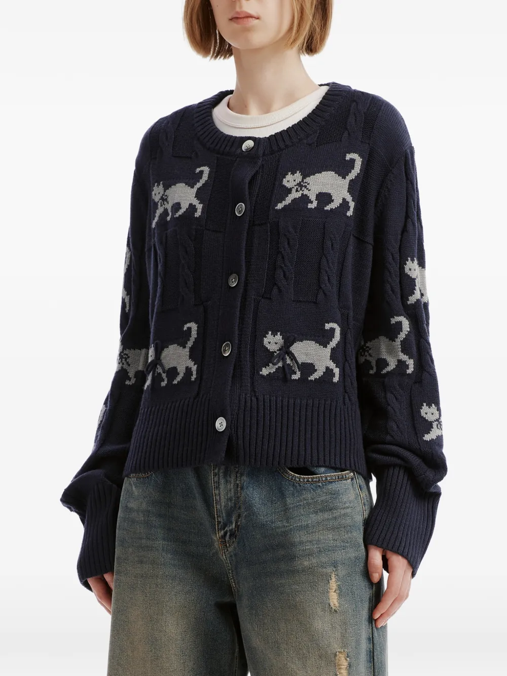 b+ab Kabelgebreid vest met kattenintarsia Blauw