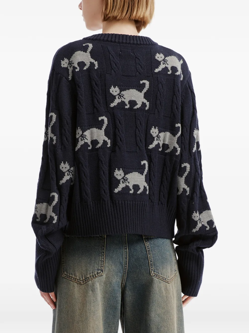 b+ab Kabelgebreid vest met kattenintarsia Blauw