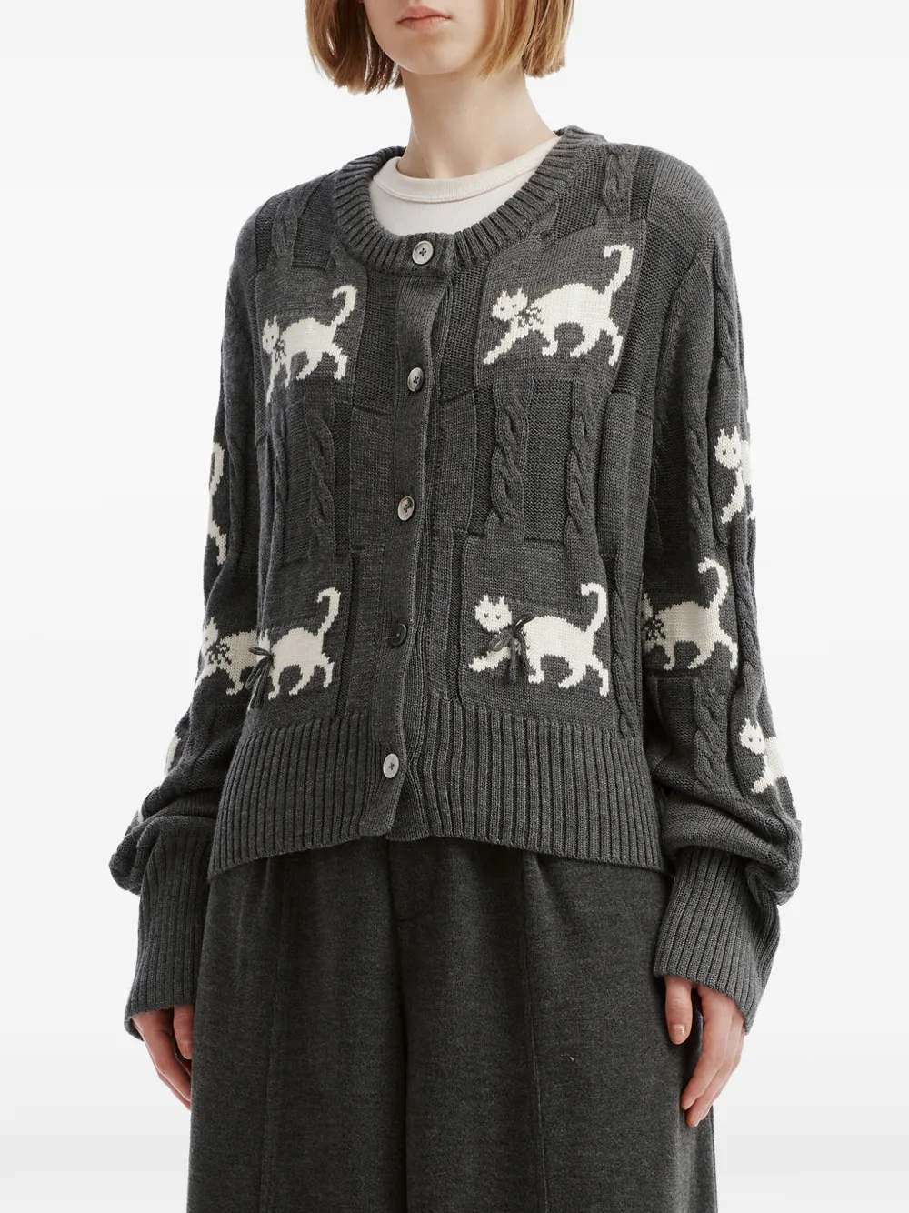 b+ab Kabelgebreid vest met kattenintarsia Grijs