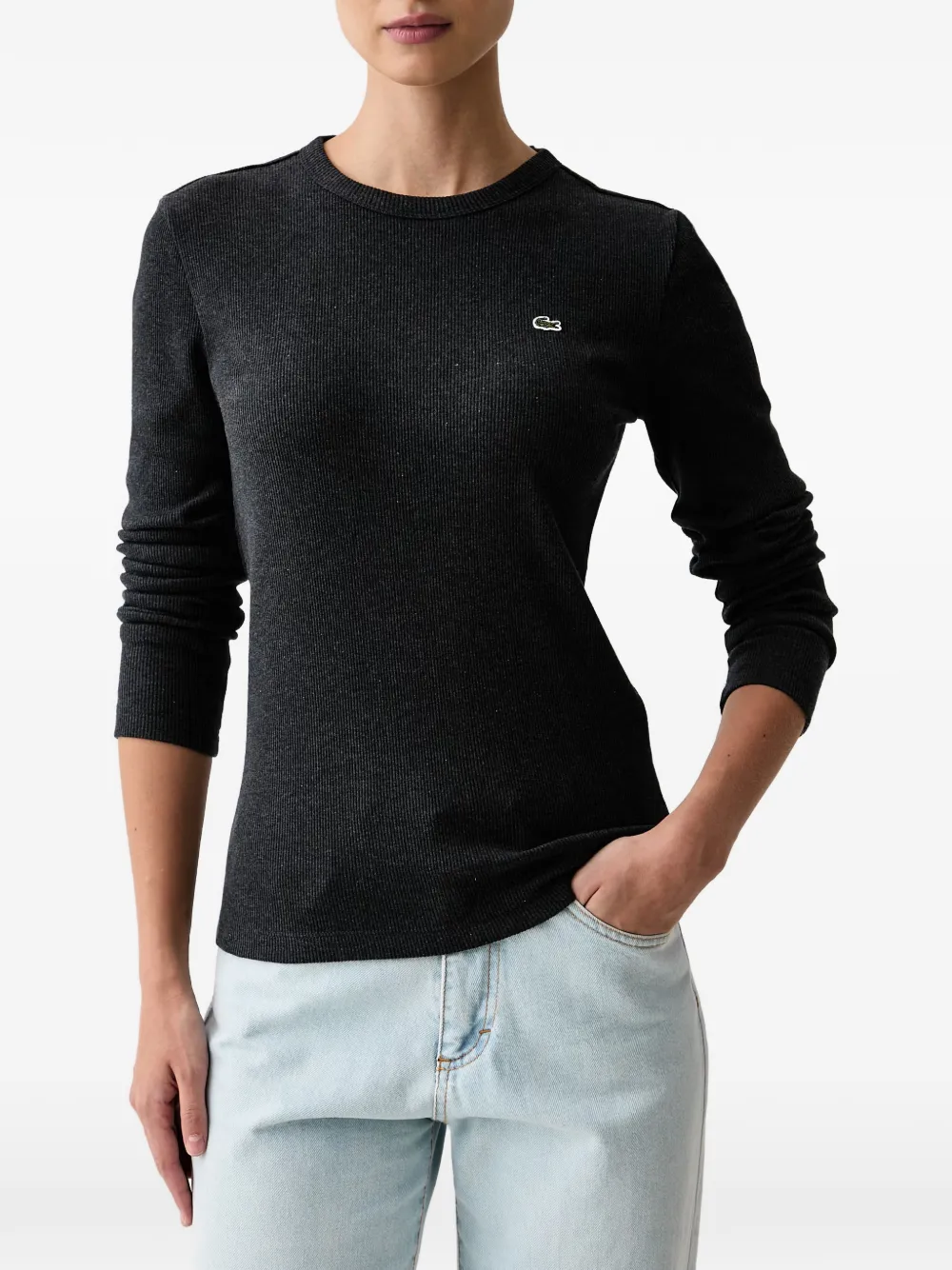Lacoste Ribgebreid T-shirt met lange mouwen en logo-patch Grijs