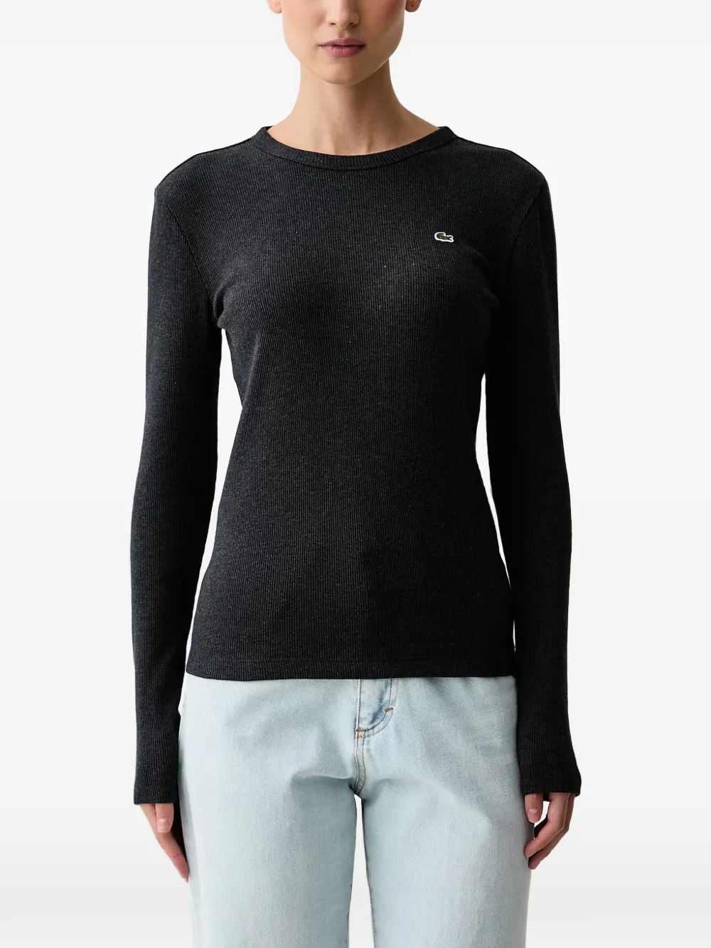 Lacoste Ribgebreid T-shirt met lange mouwen en logo-patch Grijs