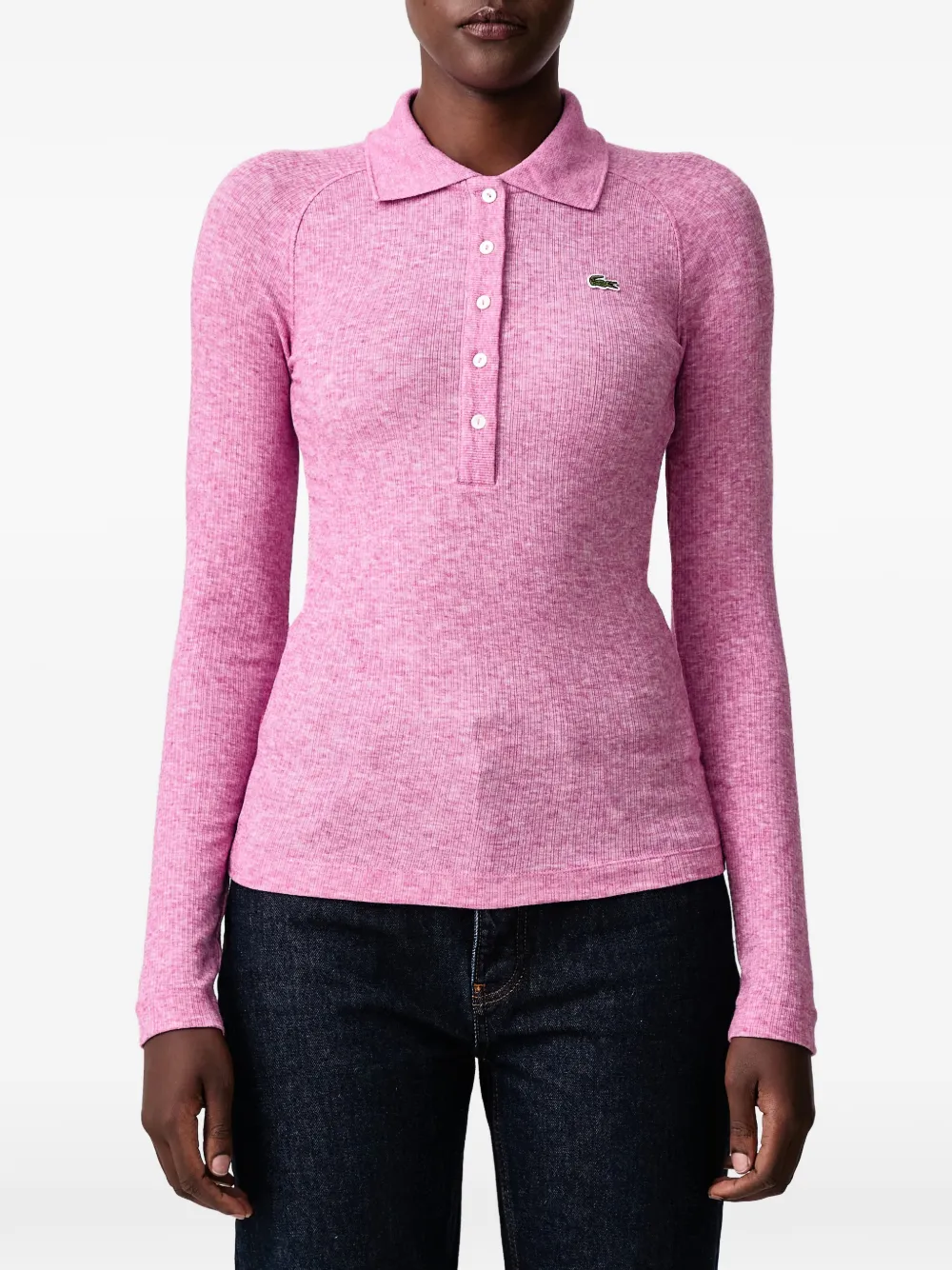 Lacoste slim-fit long-sleeved rib-knit polo shirt Roze