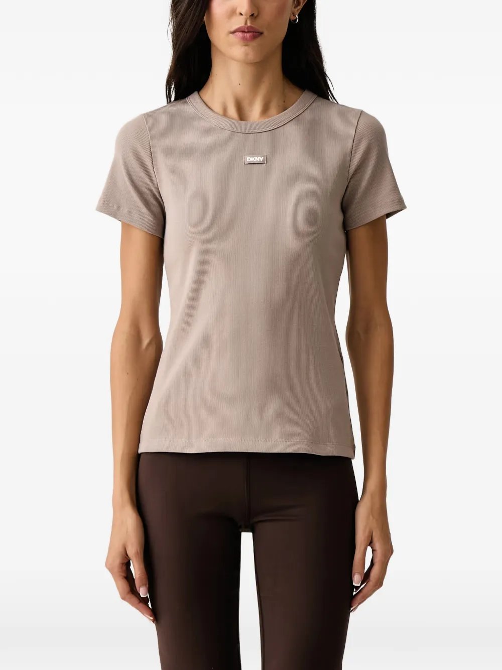 DKNY ribbed-knit logo-patch T-shirt Grijs