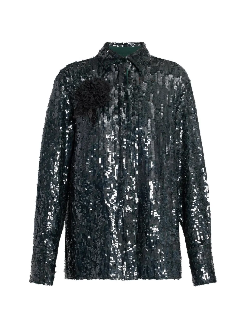ERDEM sequin-embellished floral-brooch shirt - Verde