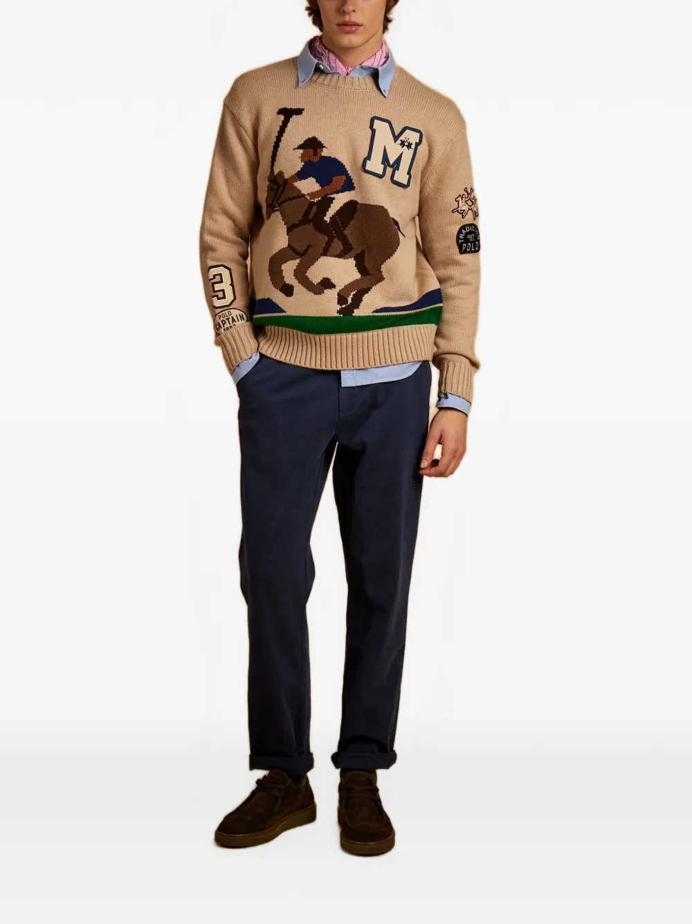 La Martina Emmet intarsia-knit patch-detail sweater Beige