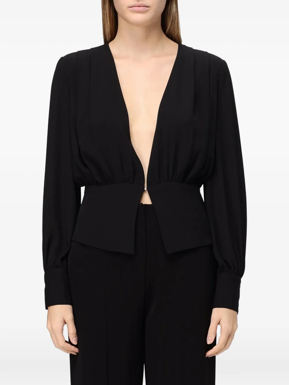 Hanita plunging V-neck gathered blouse - Nero