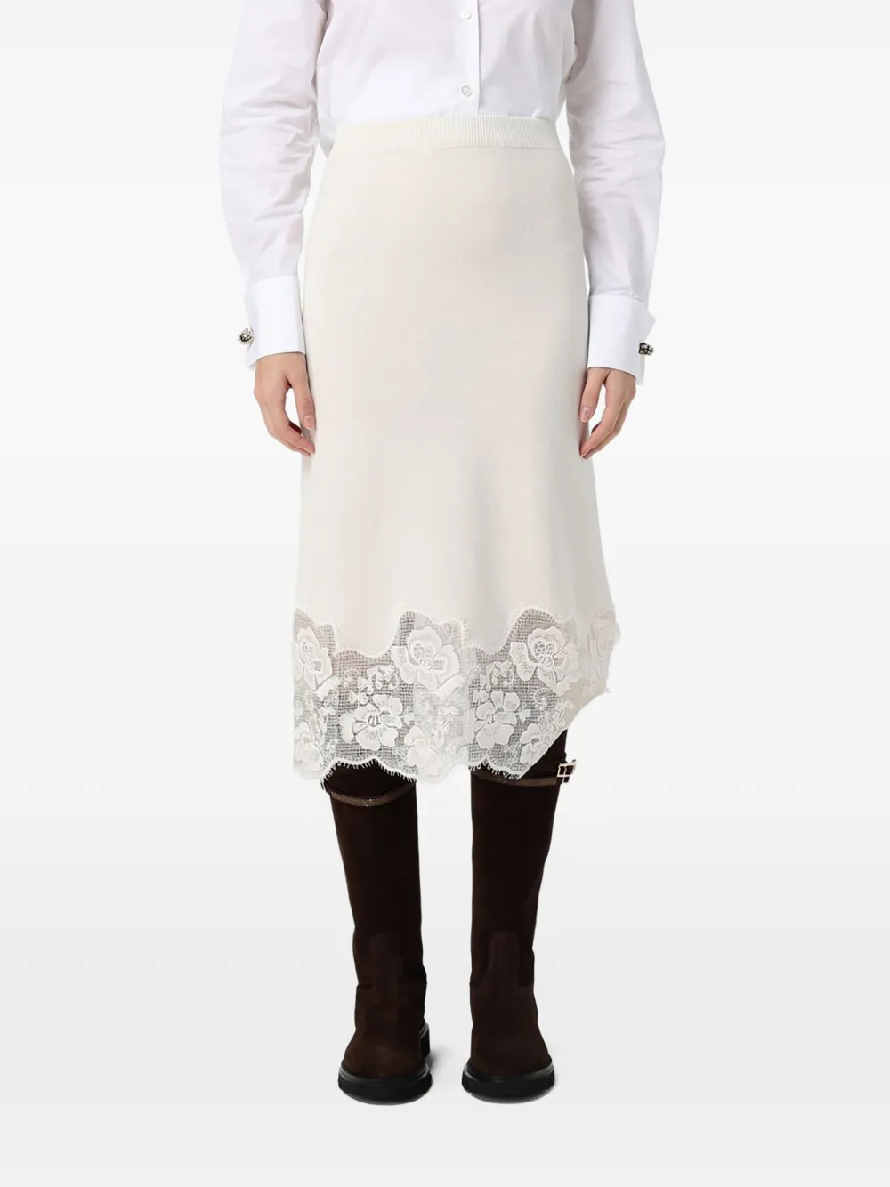 Fabiana Filippi lace-trim knitted midi skirt Beige