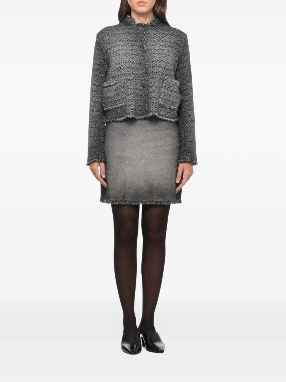 Avant Toi chevron-knit frayed-edge cropped jacket Blauw