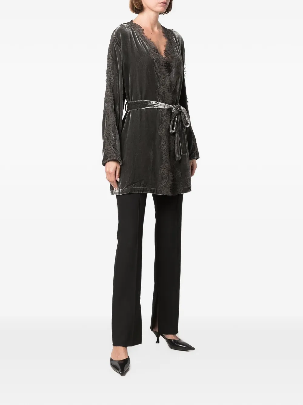 Gold Hawk lace-trim belted dressing gown Grijs
