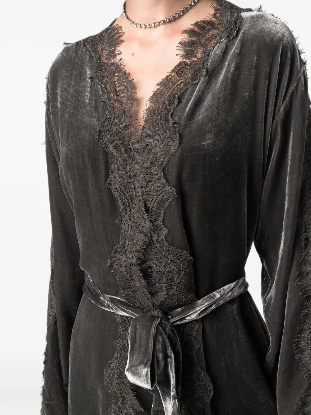 Gold Hawk lace-trim belted dressing gown Grijs