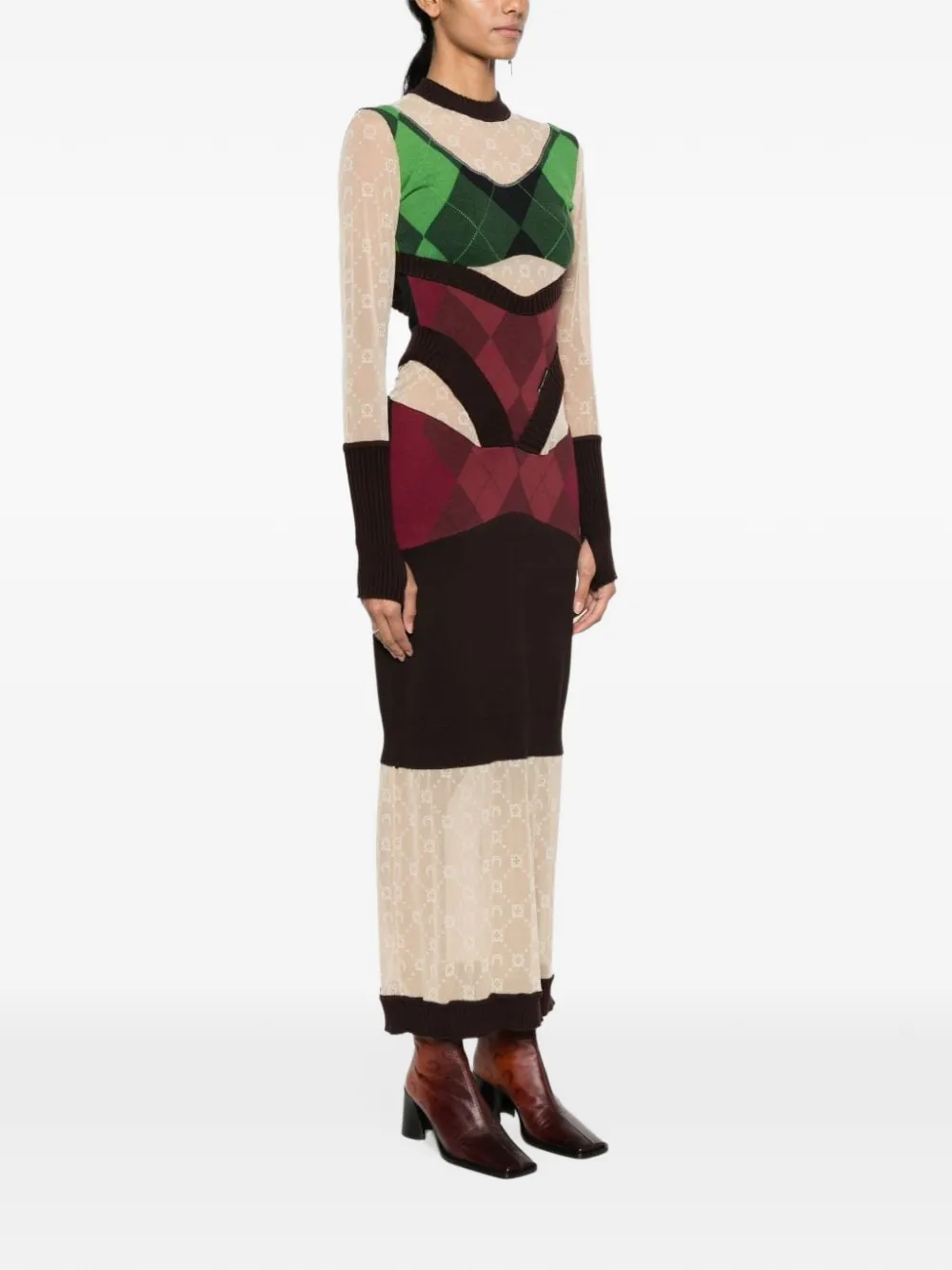 Marine Serre argyle-knit panelled midi dress Groen