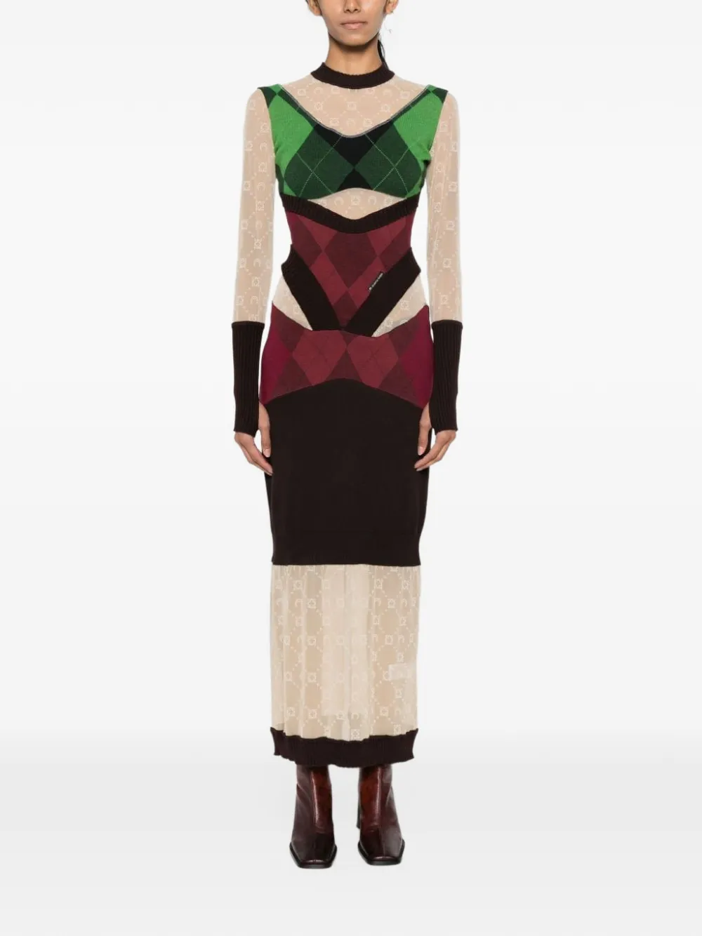 Marine Serre argyle-knit panelled midi dress Groen