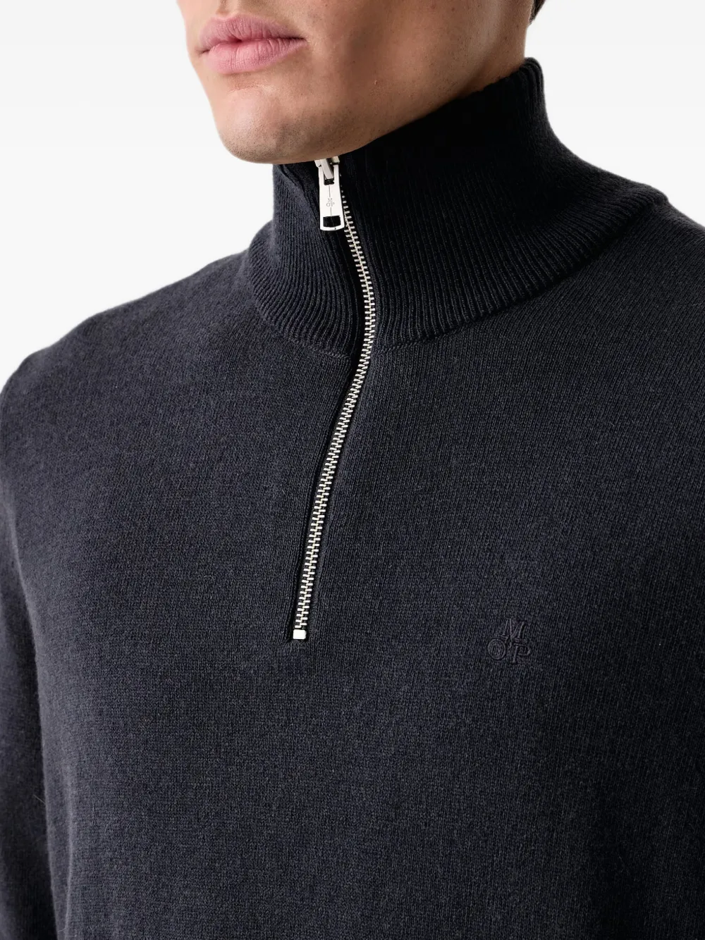 Marc O'Polo embroidered-logo quarter-zip sweater Blauw