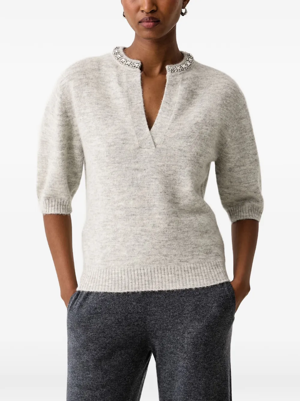 PINKO crystal-embellished V-neck sweater Grijs
