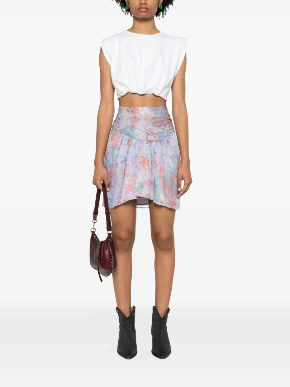 IRO Theoline ruffled abstract-print A-line mini skirt Paars
