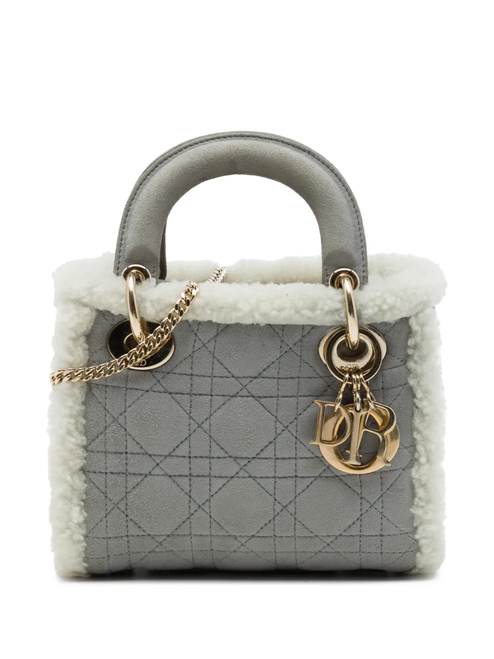 Christian Dior Pre-Owned 2015-2026 Mini Shearling Trimmed Suede Cannage Lady Dior satchel - Grey