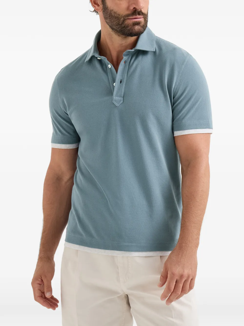 Brunello Cucinelli Katoenen piqué poloshirt met laagjeseffect Blauw