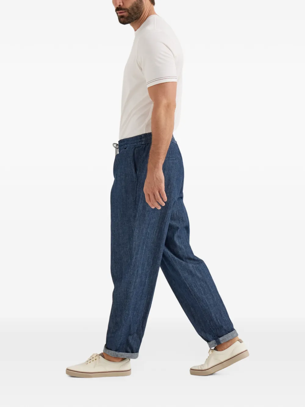 Brunello Cucinelli Broek met dubbele plooien en trekkoord Blauw