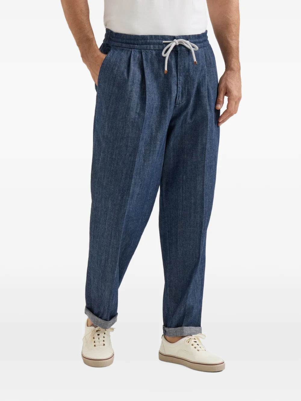 Brunello Cucinelli Broek met dubbele plooien en trekkoord Blauw