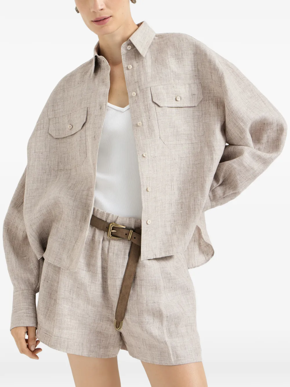Brunello Cucinelli Blouse met borstzak en verfraaid met Monili Beige