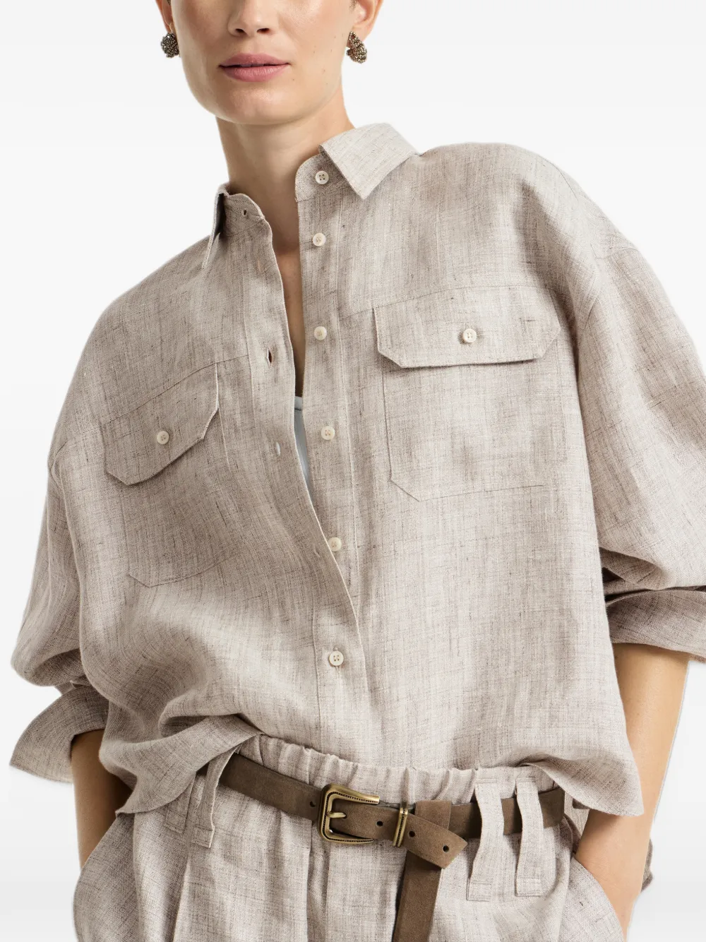 Brunello Cucinelli Blouse met borstzak en verfraaid met Monili Beige