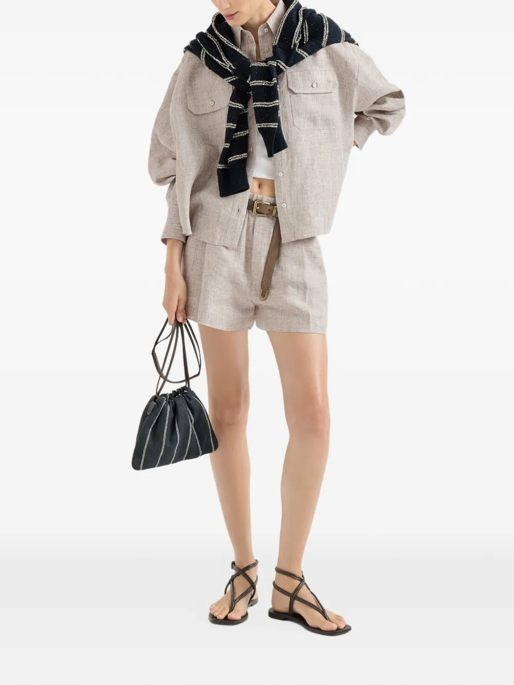 Brunello Cucinelli Blouse met borstzak en verfraaid met Monili Beige