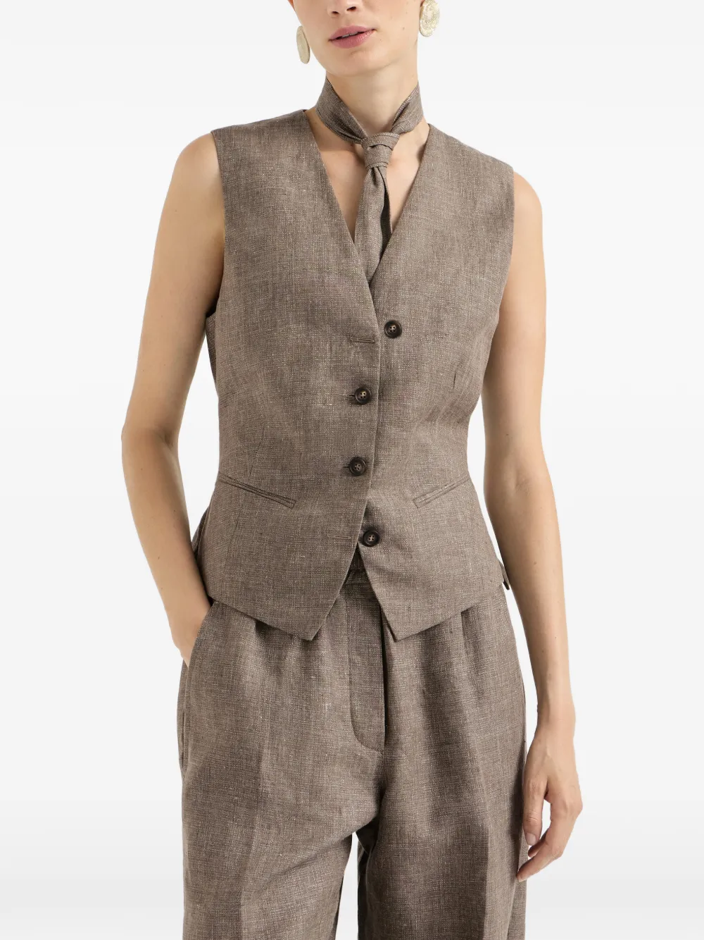 Brunello Cucinelli Sprankelend linnen gilet met lavallière Bruin
