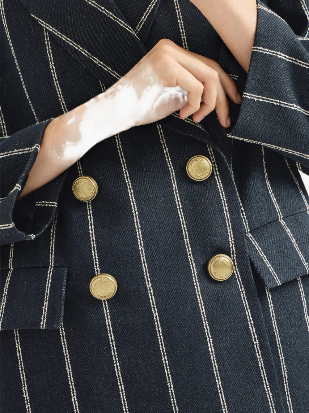 Brunello Cucinelli Denim blazer van katoen en linnen met dubbele krijtstreep Blauw