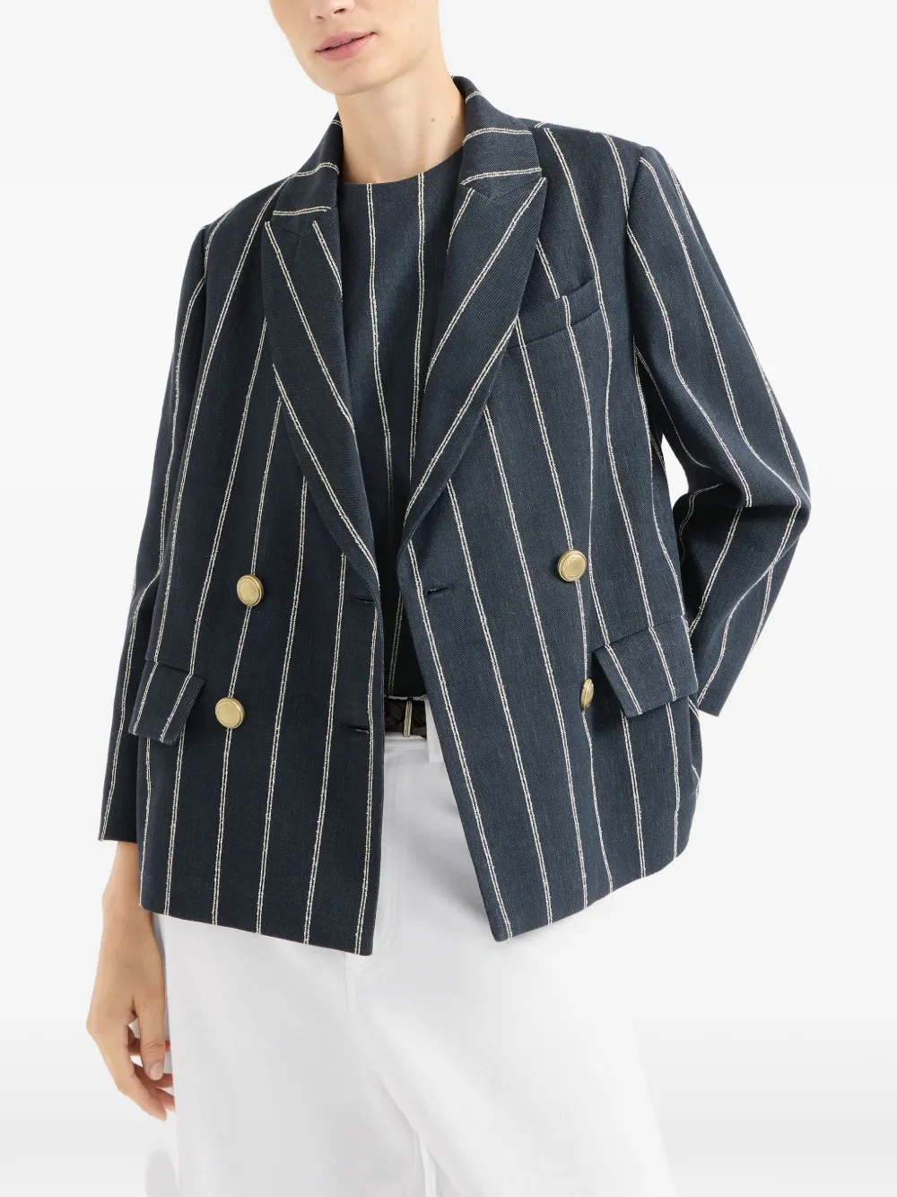 Brunello Cucinelli Denim blazer van katoen en linnen met dubbele krijtstreep Blauw