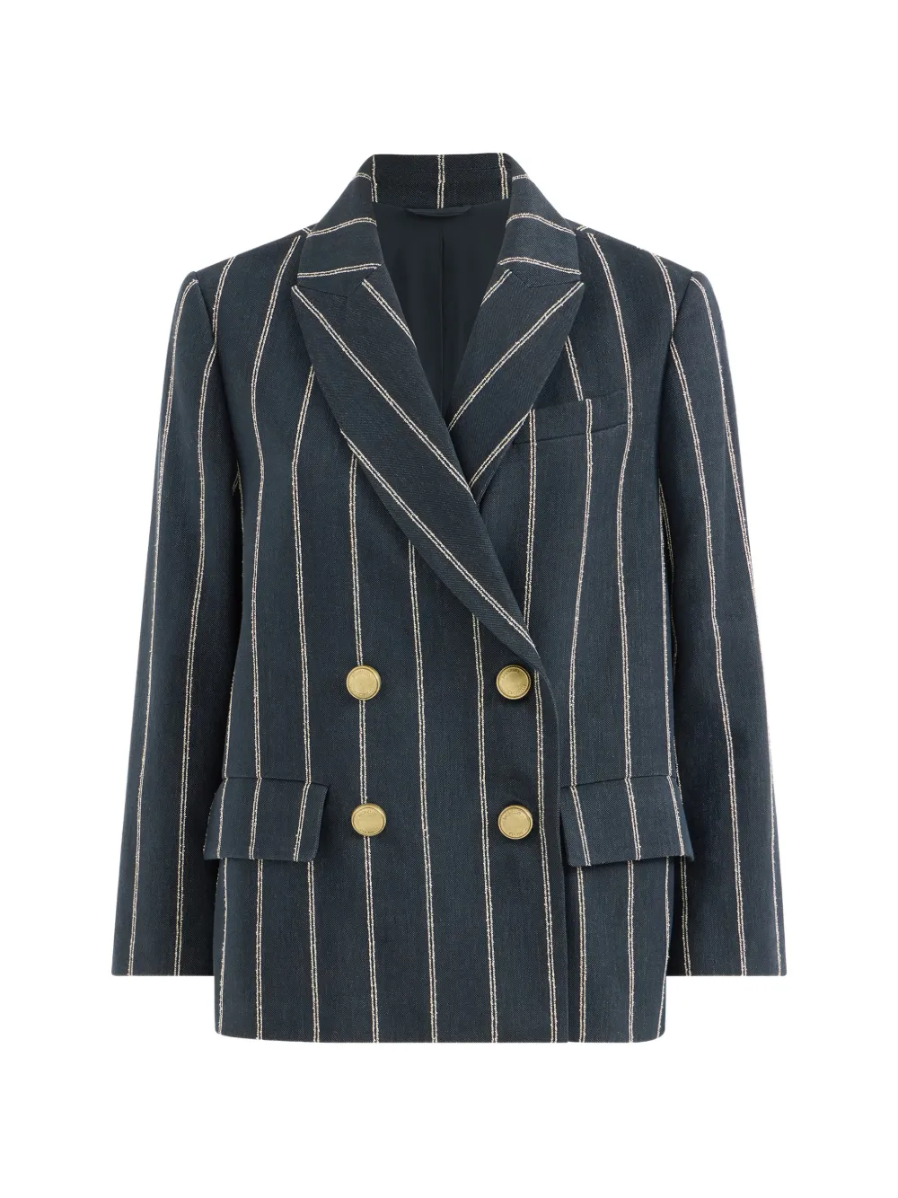 Brunello Cucinelli Denim blazer van katoen en linnen met dubbele krijtstreep Blauw