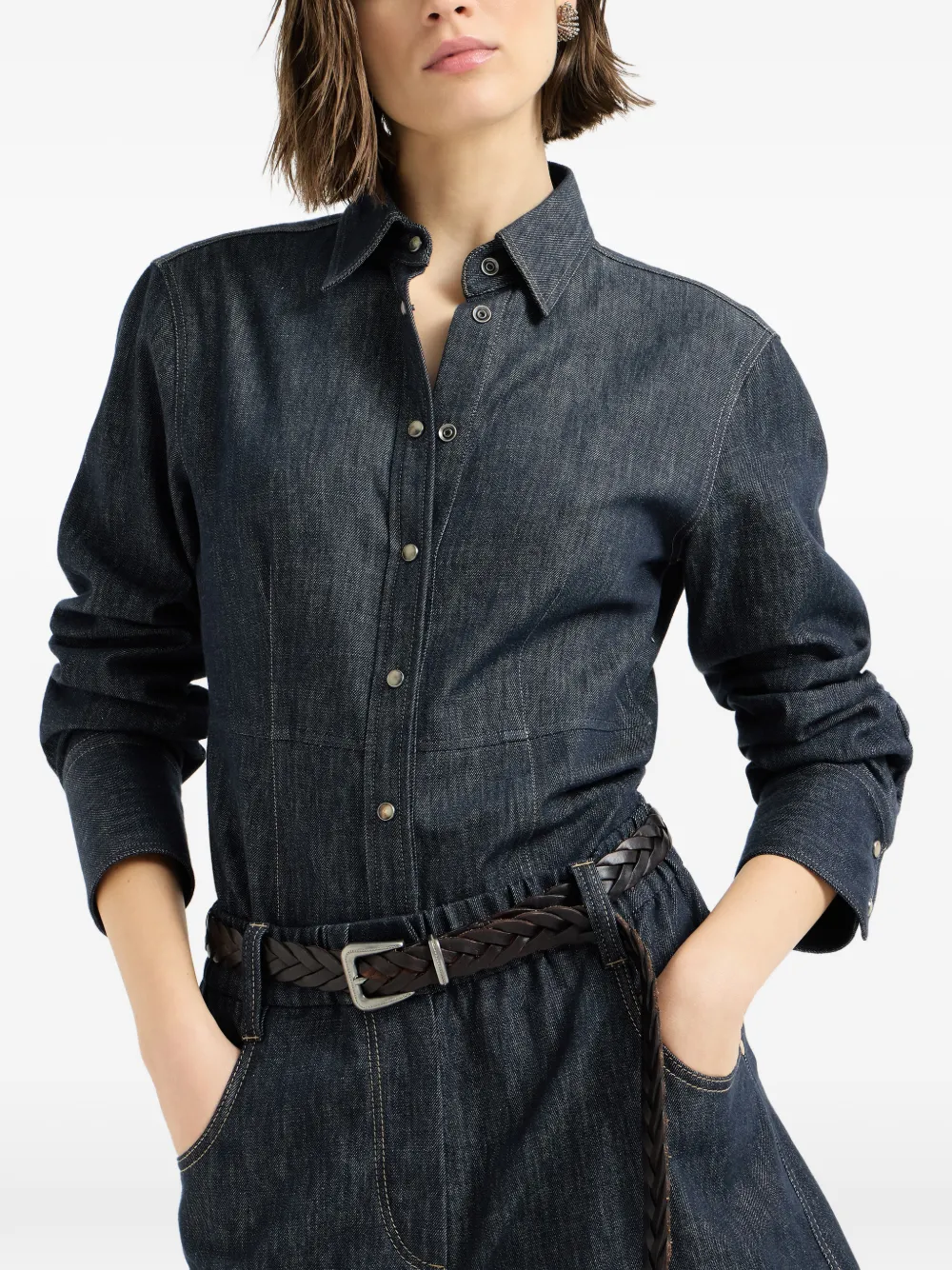 Brunello Cucinelli Twill blouse van katoen met denim-effect en monili Blauw