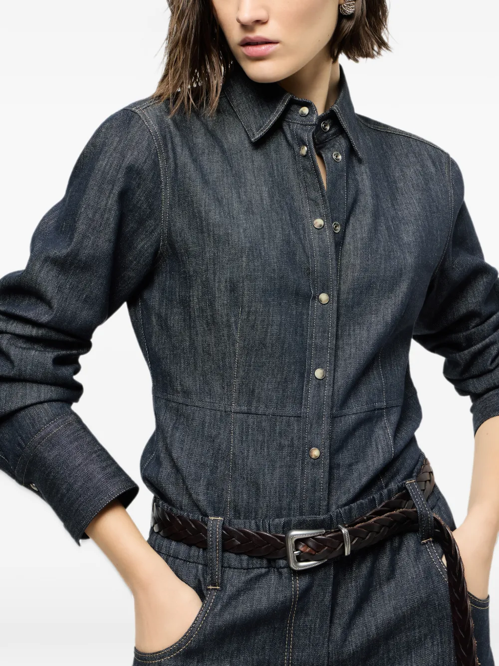 Brunello Cucinelli Twill blouse van katoen met denim-effect en monili Blauw