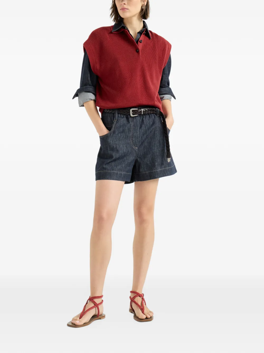 Brunello Cucinelli Twill blouse van katoen met denim-effect en monili Blauw