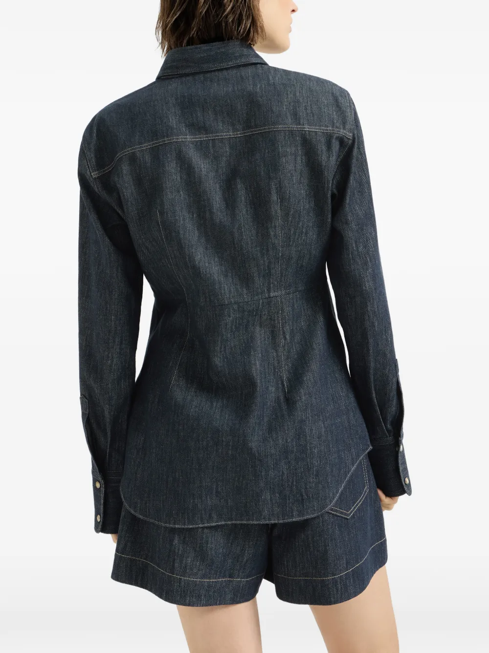 Brunello Cucinelli Twill blouse van katoen met denim-effect en monili Blauw