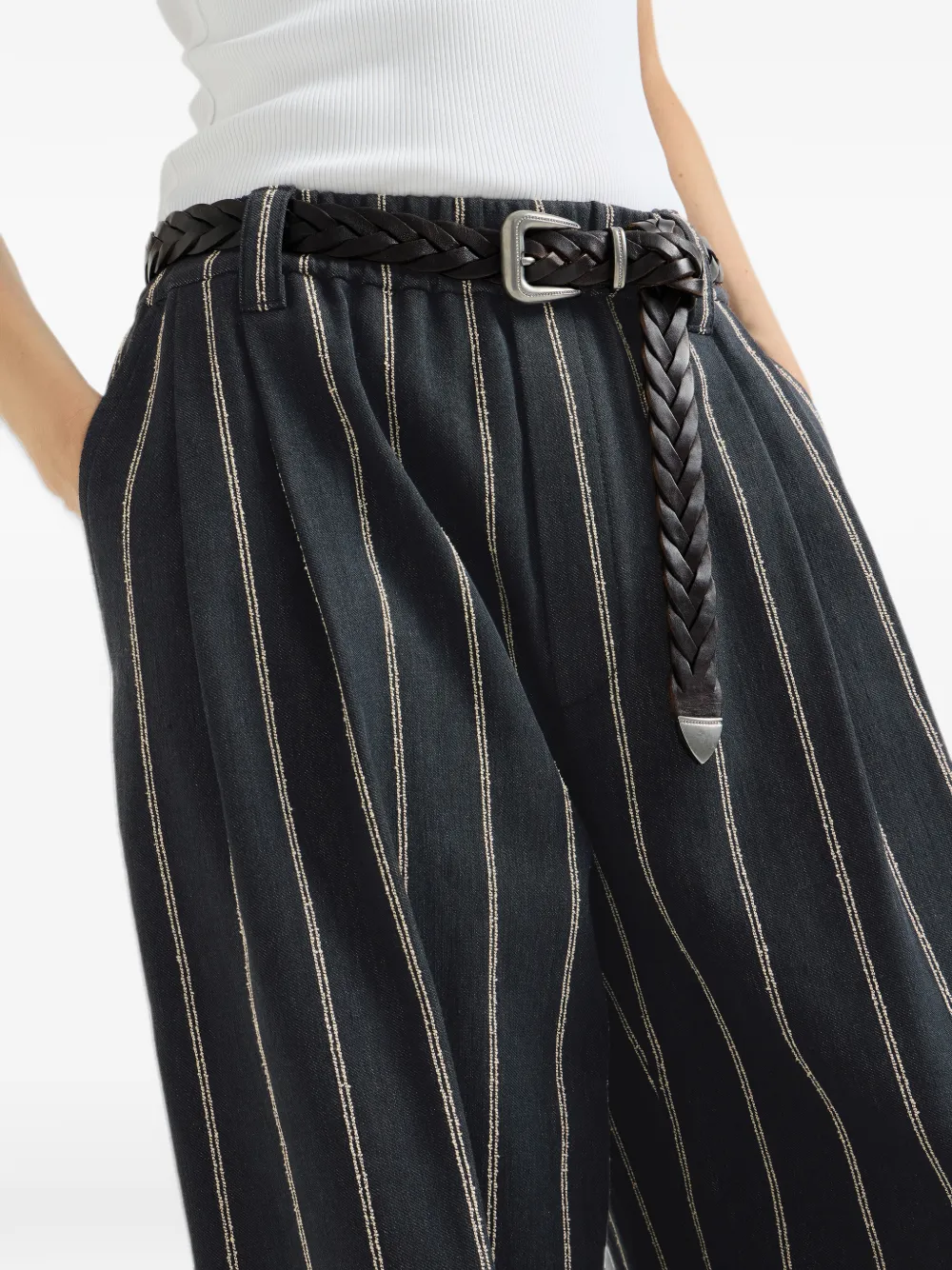 Brunello Cucinelli Ddouble denim barrelbroek van katoen en linnen met Monili en krijtstreep Blauw