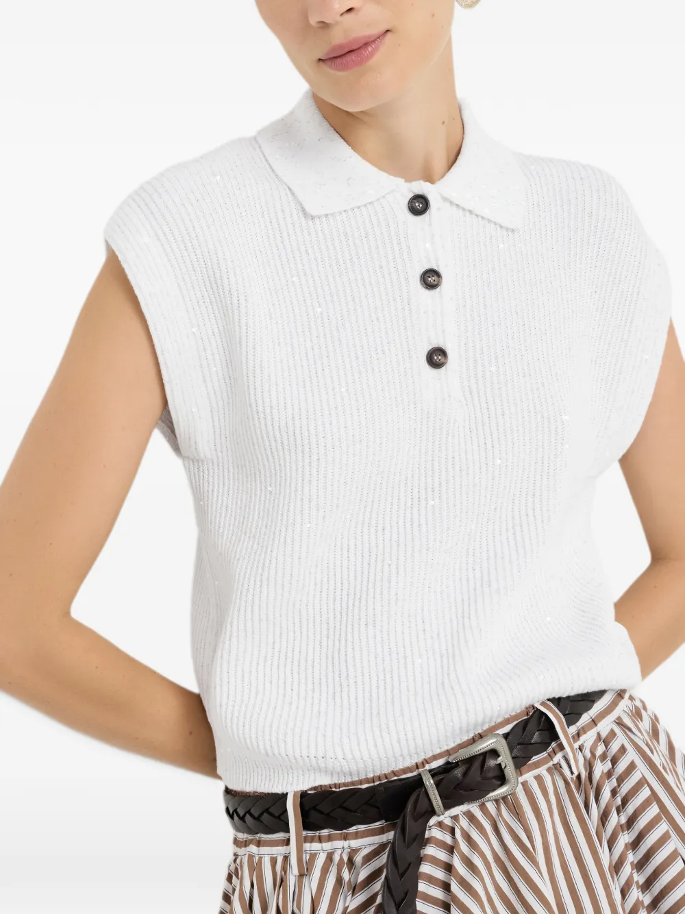 Brunello Cucinelli Katoenen polotrui met Engelse rib en diamantgaren Wit
