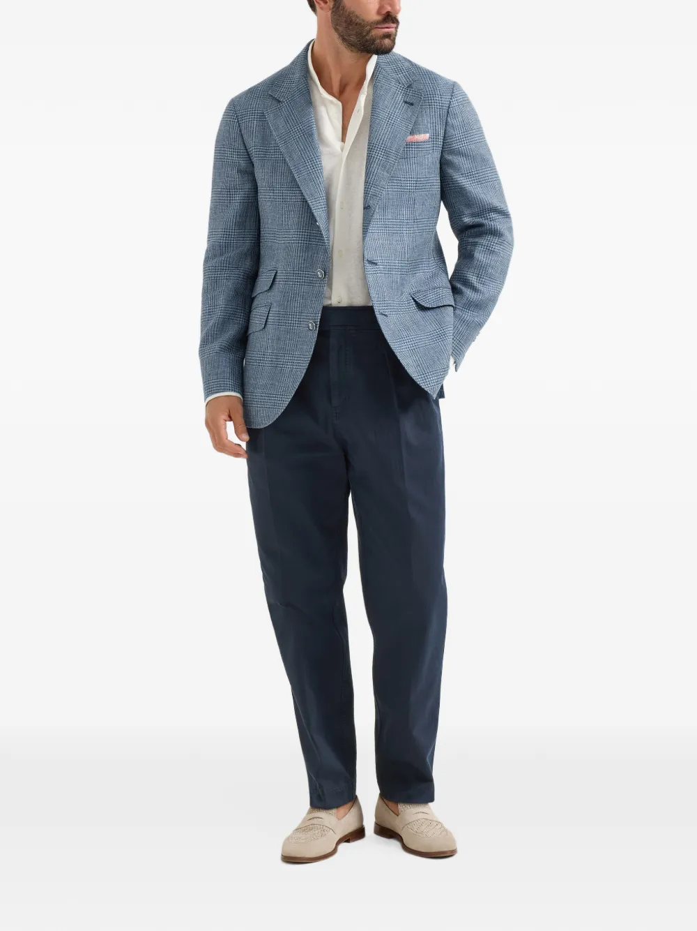 Brunello Cucinelli Broek van katoenen chevron met omgekeerde dubbele plooien en taillebandjes Blauw