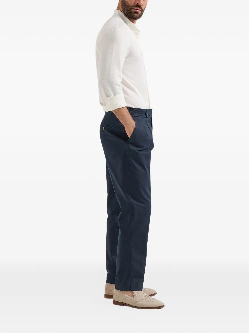 Brunello Cucinelli Broek van katoenen chevron met omgekeerde dubbele plooien en taillebandjes Blauw
