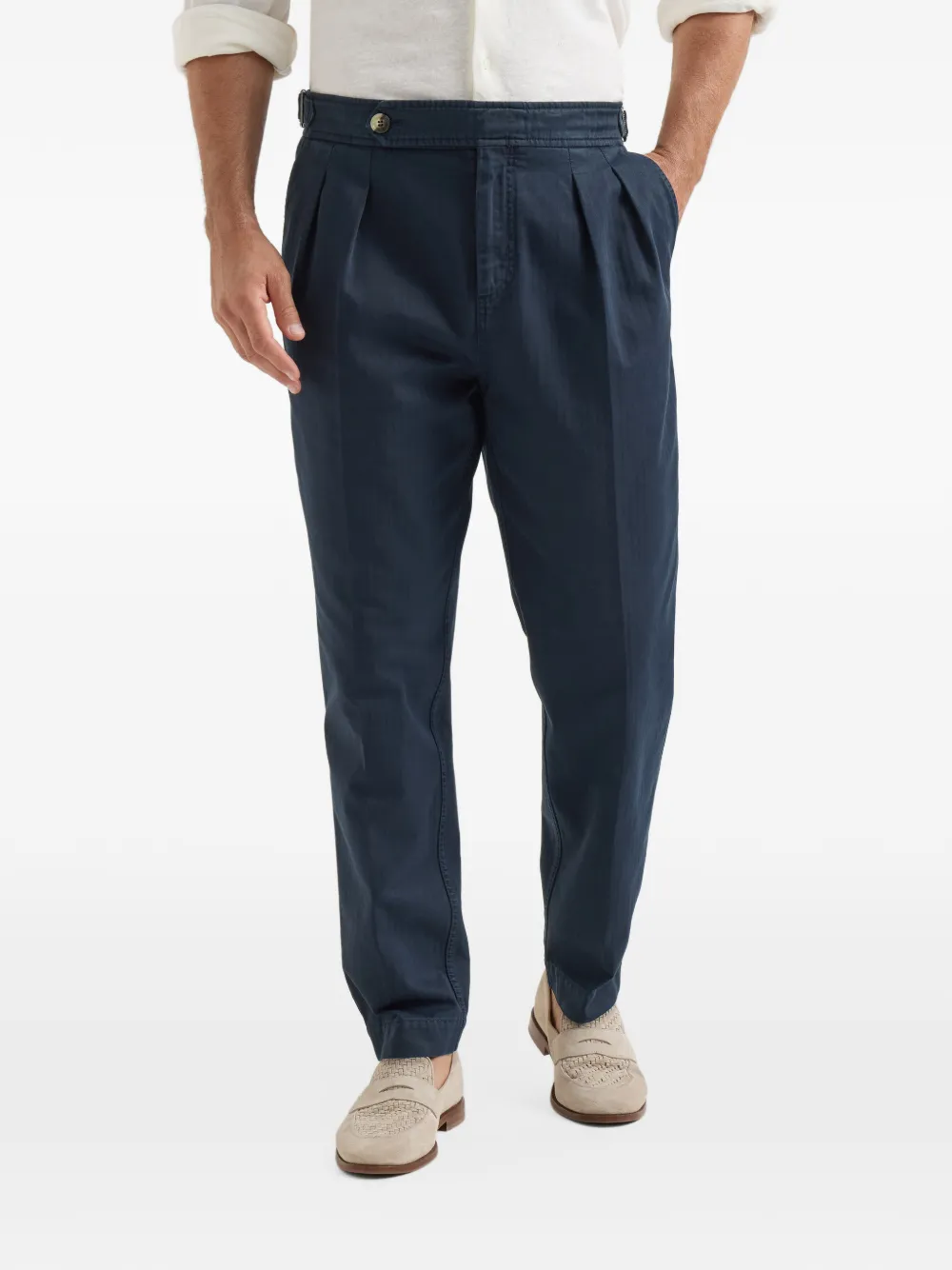 Brunello Cucinelli Broek van katoenen chevron met omgekeerde dubbele plooien en taillebandjes Blauw