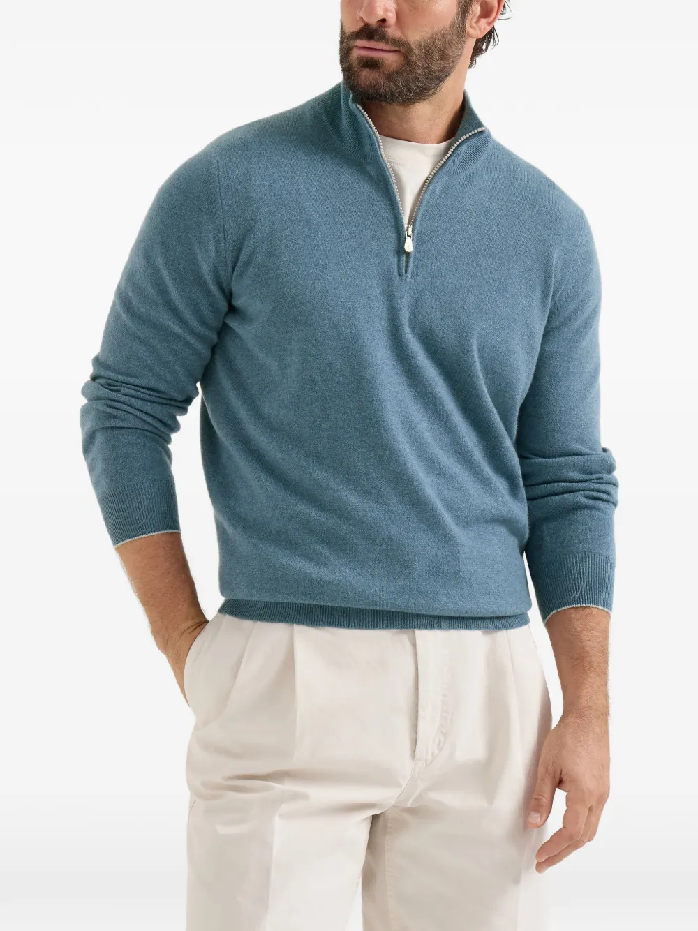Brunello Cucinelli Kasjmier trui met halve rits Blauw