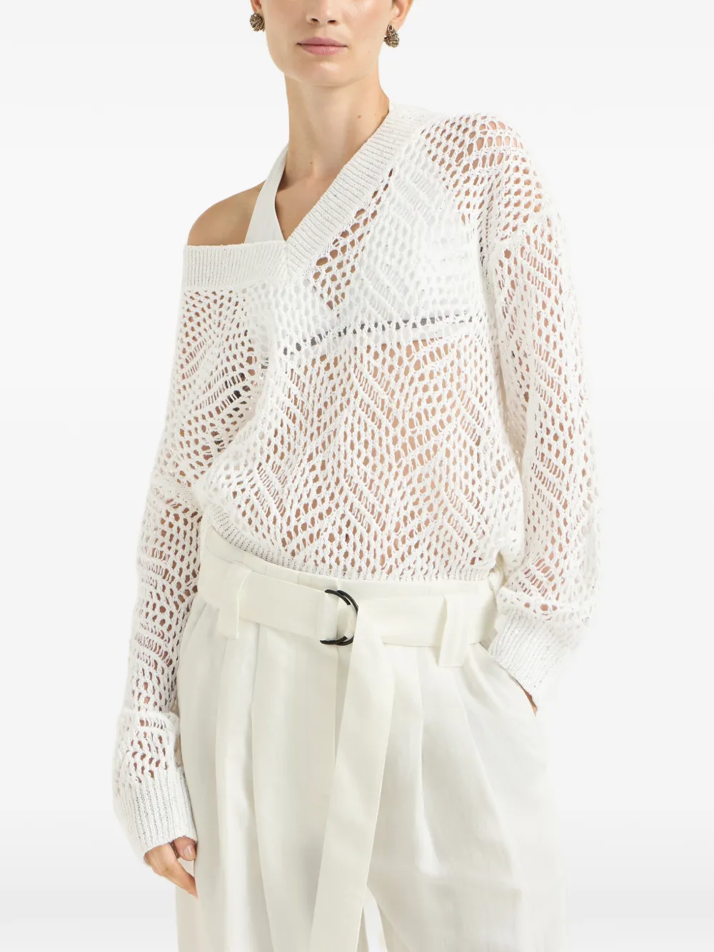 Brunello Cucinelli Dazzling linnen trui met abstract bladpatroon Wit