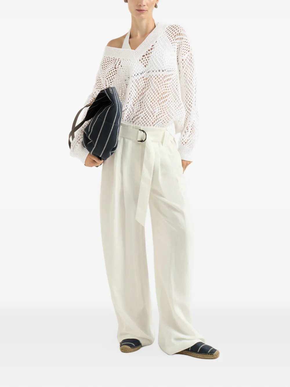 Brunello Cucinelli Dazzling linnen trui met abstract bladpatroon Wit