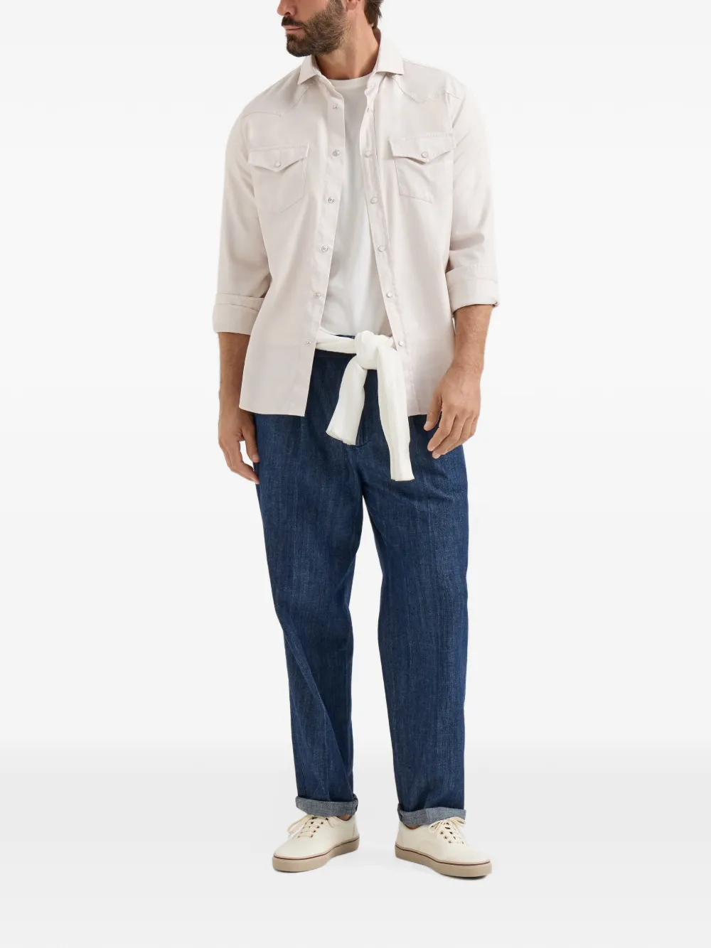 Brunello Cucinelli Westernoverhemd van katoen met visgraatpatroon Beige