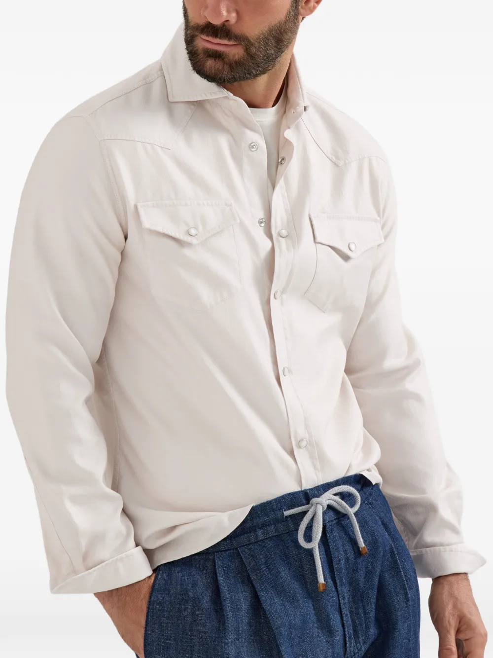 Brunello Cucinelli Westernoverhemd van katoen met visgraatpatroon Beige