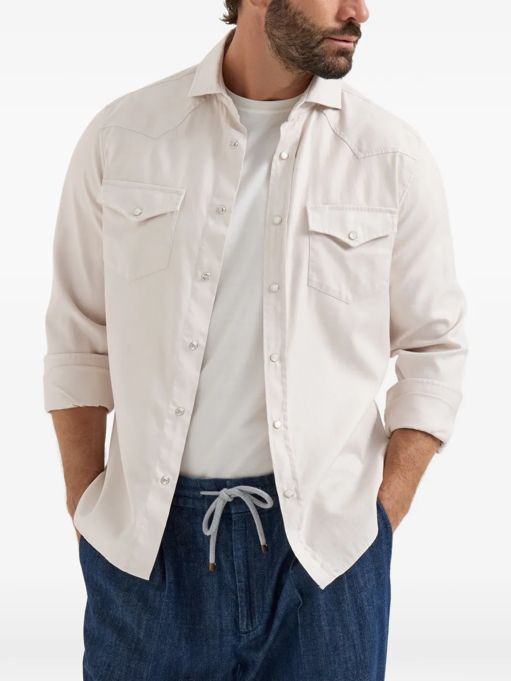 Brunello Cucinelli Westernoverhemd van katoen met visgraatpatroon Beige