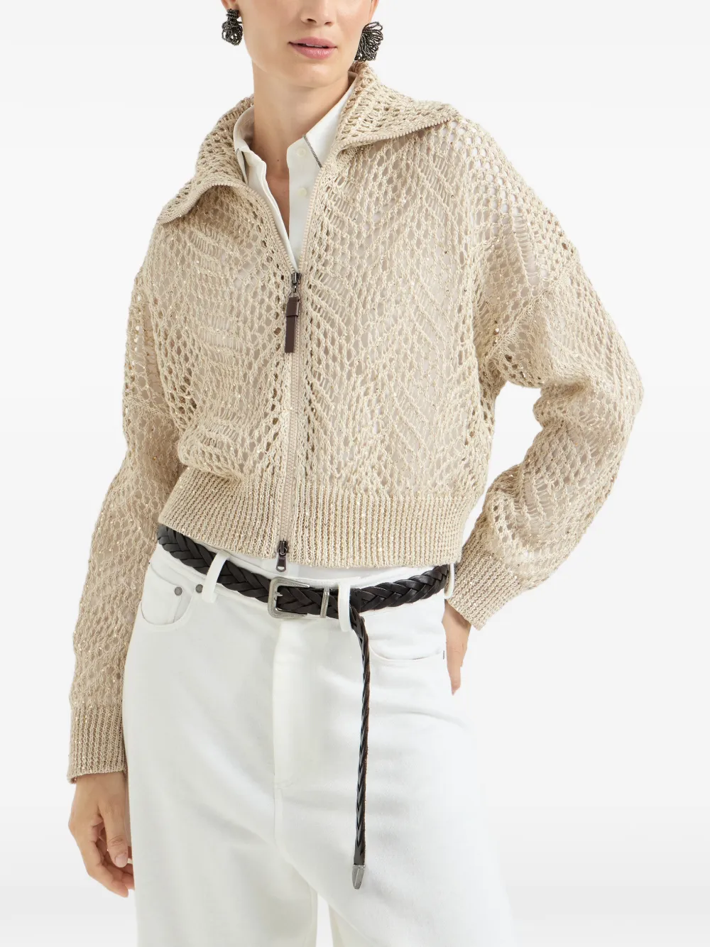 Brunello Cucinelli Linnen vest met abstract bladmotief en rits Beige